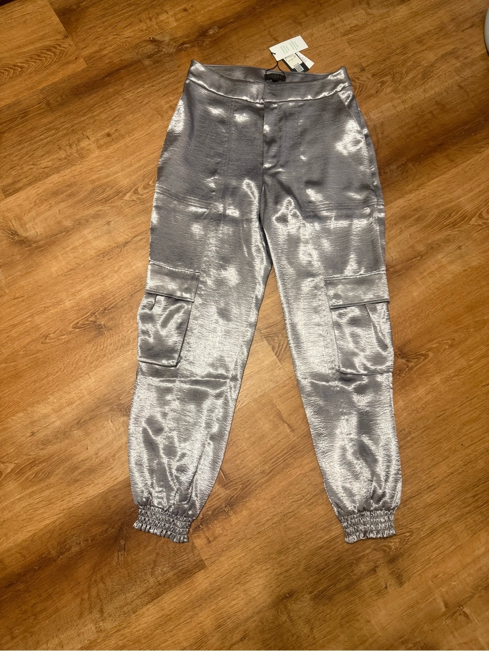 GUESS Silver-Gray Satin High-Rise Trousers